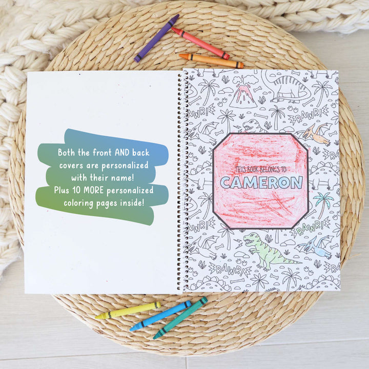 dinosaur themed personalized coloring book for kids 