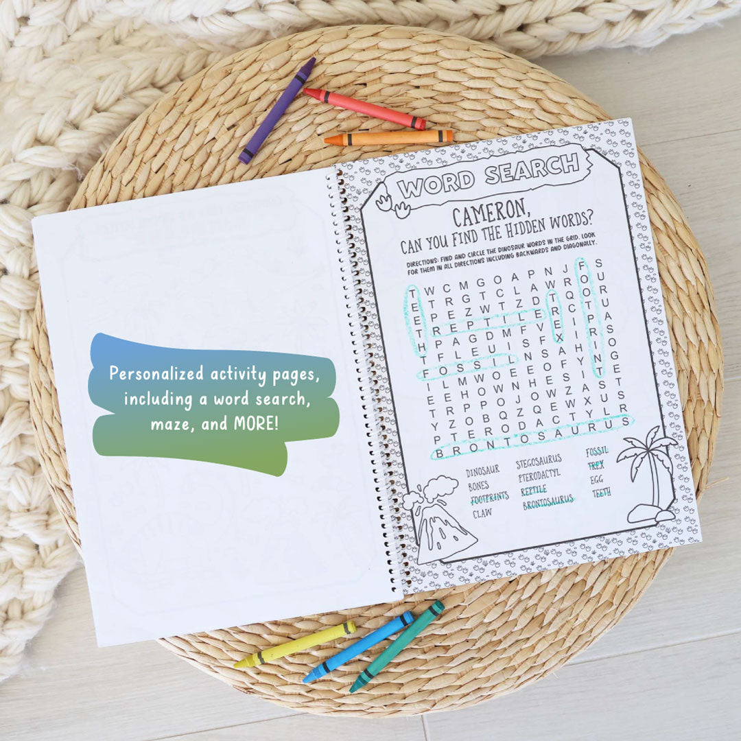 dinosaur themed personalized word search for kids 