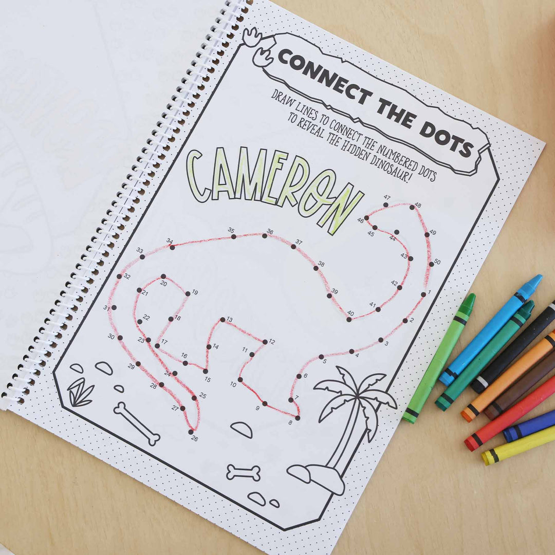 dinosaur themed personalized coloring book with connect the dots 