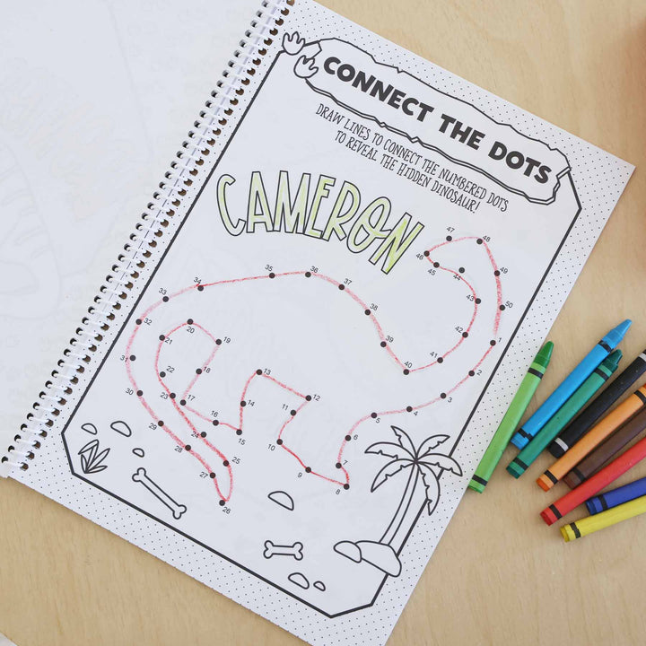 dinosaur themed personalized coloring book with connect the dots 