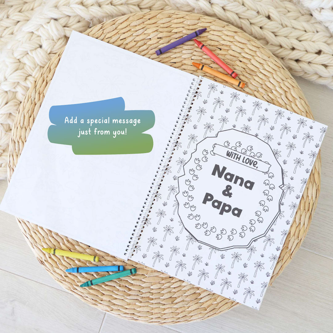 personalized gift message in dinosaur themed coloring book for kids 