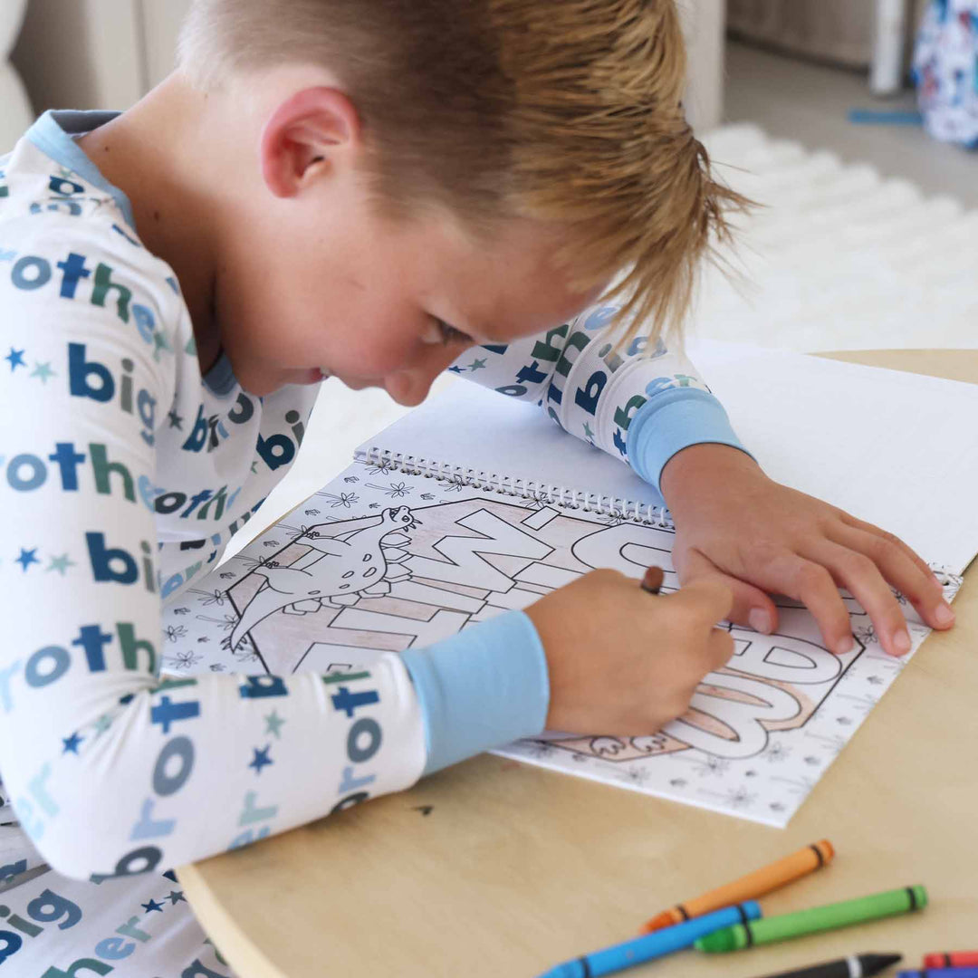 boy coloring a dinosaur themed coloring book with crayons 