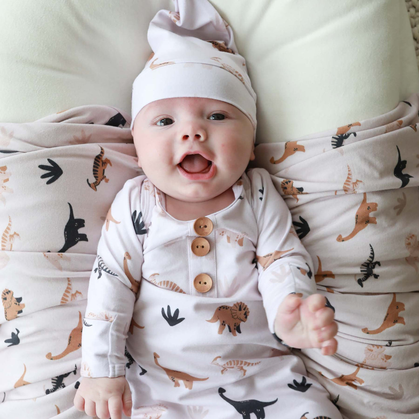 newborn baby knot gown and hat set with dinosaurs 