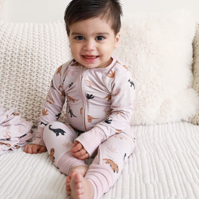black and tan dinosaur pajamas for baby 