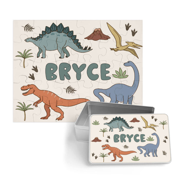 colorful dinosaur personalized puzzle for kids with matching tin