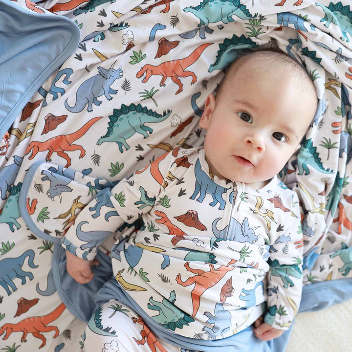 dinosaur blanket for kids made of bamboo blue, orange and green