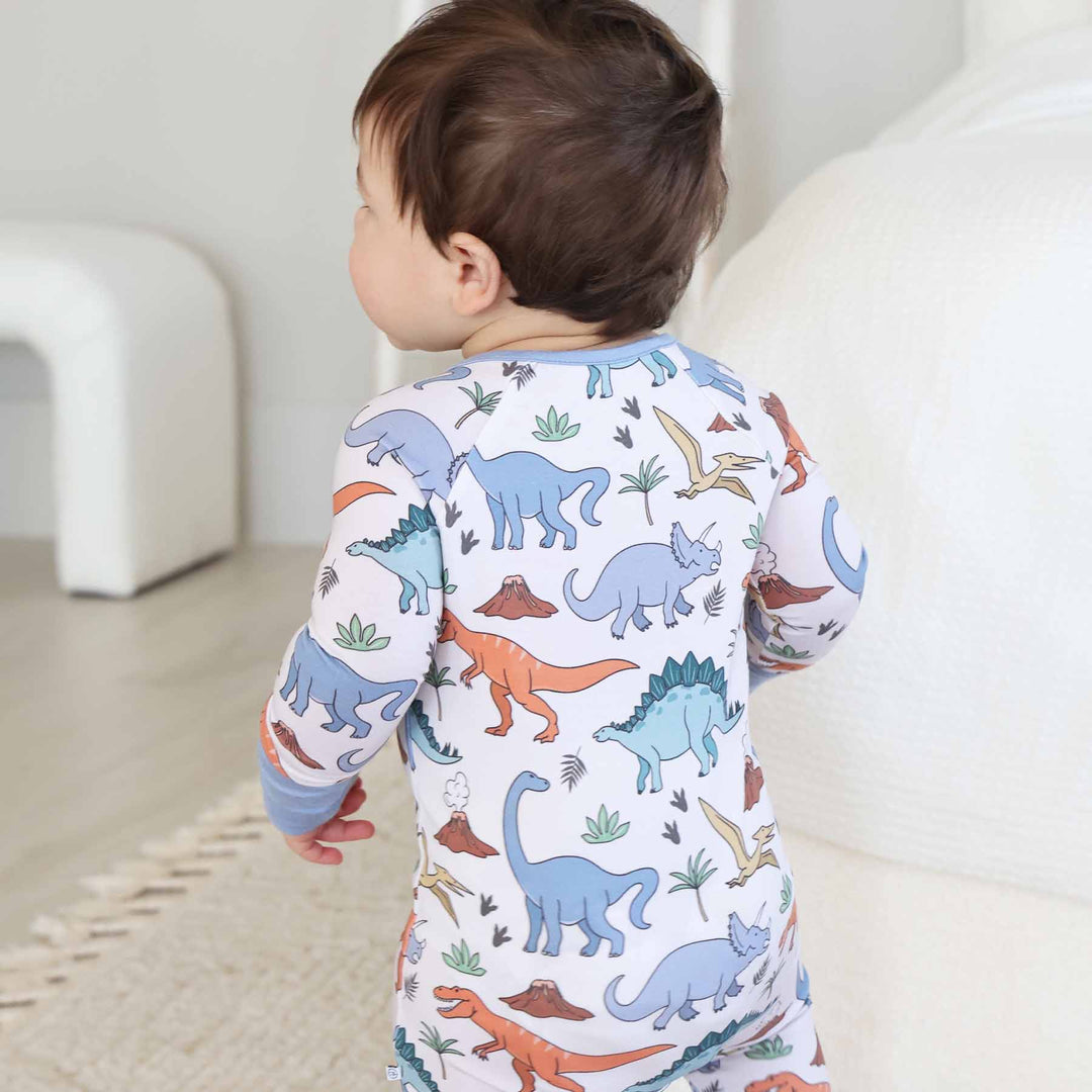 colorful dinosaur convertible pajama romper for babies and toddlers