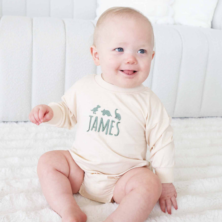 dinosaur personalized long sleeve bubble romper for babies 