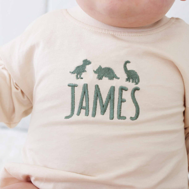 green dino embroidered long sleeve bubble romper for babies 