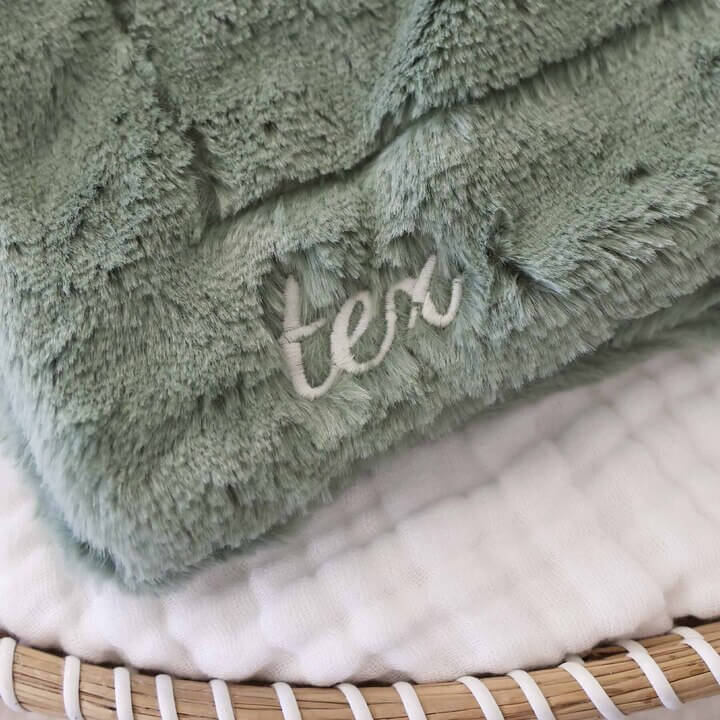 embroidered dinosaur lovey in script font 