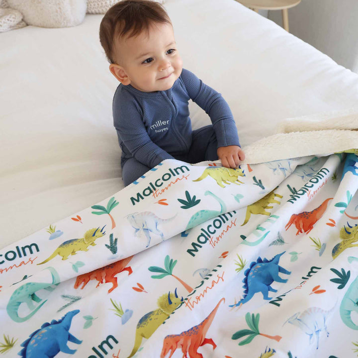 prehistoric world dino sherpa blanket for boys personalized with name 