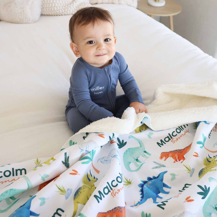 blue, orange and green personalized dinosaur sherpa blanket for kids 