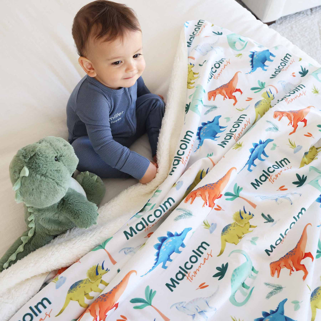 colorful dinosaur personalized sherpa blanket for kids 
