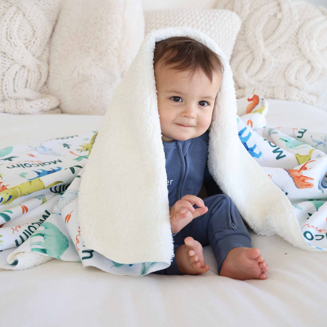colorful dino sherpa personalized blanket for kids 