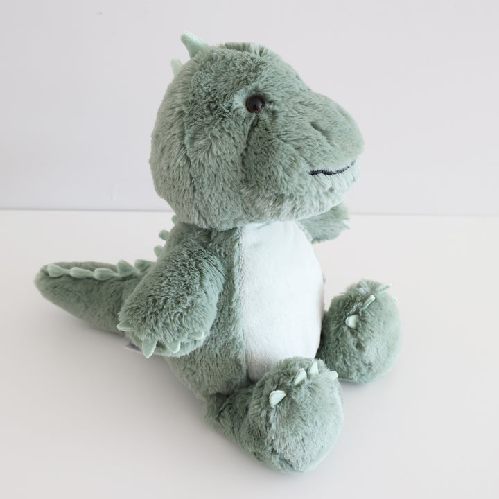 side view of green dinosaur stuffed animal 