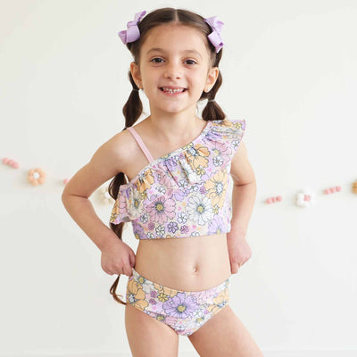 one shoulder bikini for kids retro floral 