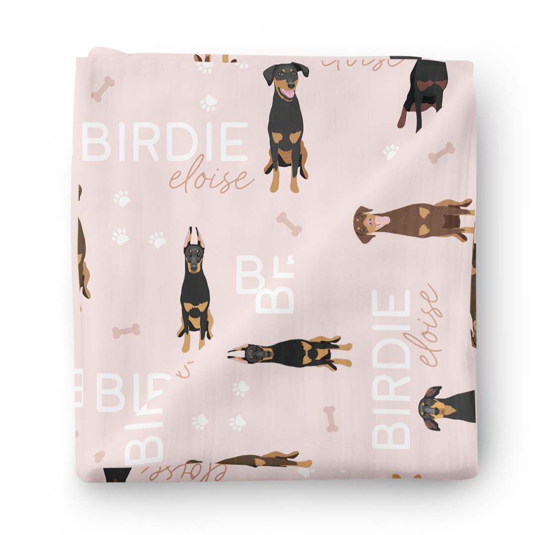 pink personalized swaddle blanket with dobermen dog