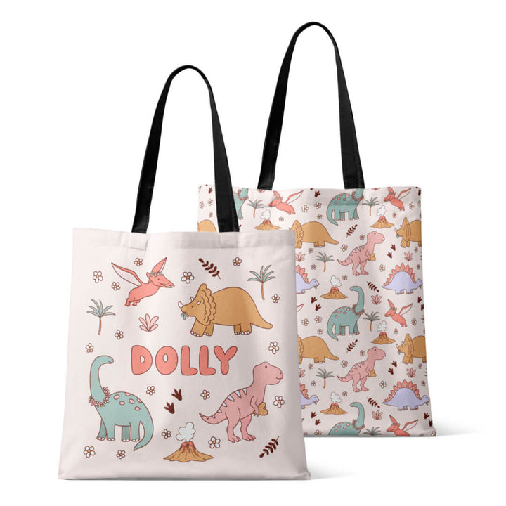 girl dinosaur personalized tote bag for kids 