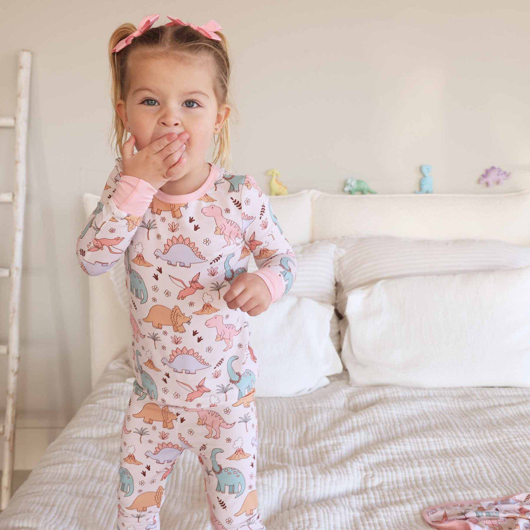 dolly's dinos two piece pajama set for kids 