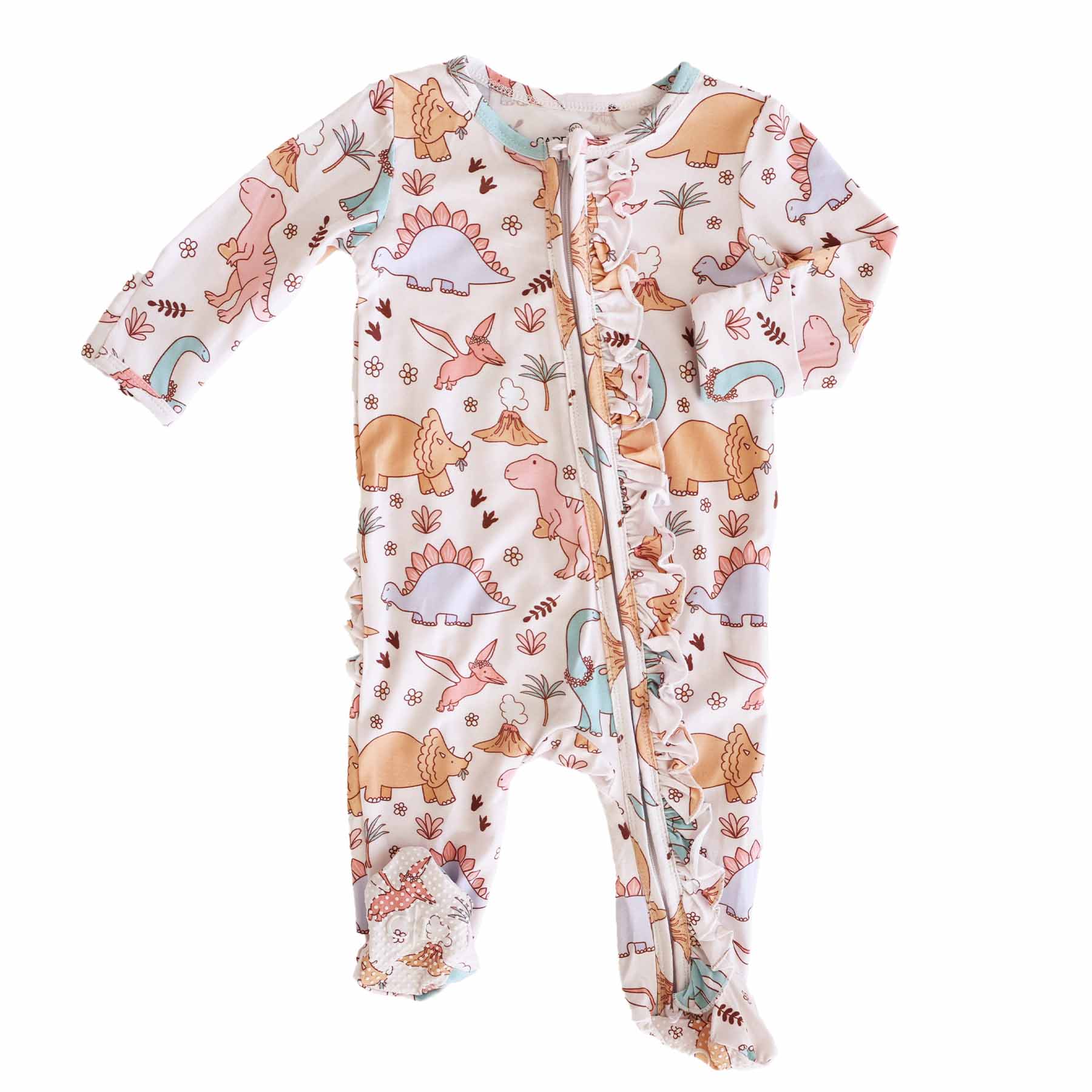 dolly's dinos baby ruffle zipper footie for girls 