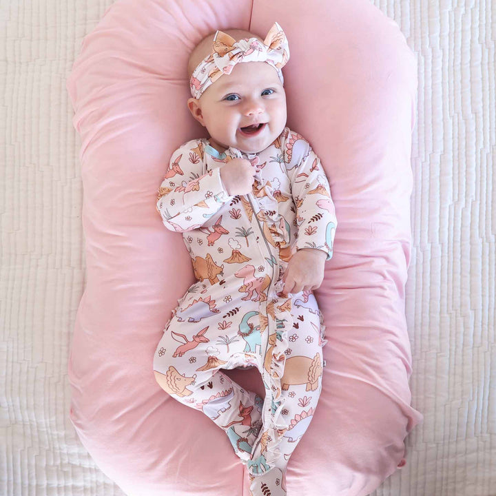 baby boy headwrap with pink dinosaurs 