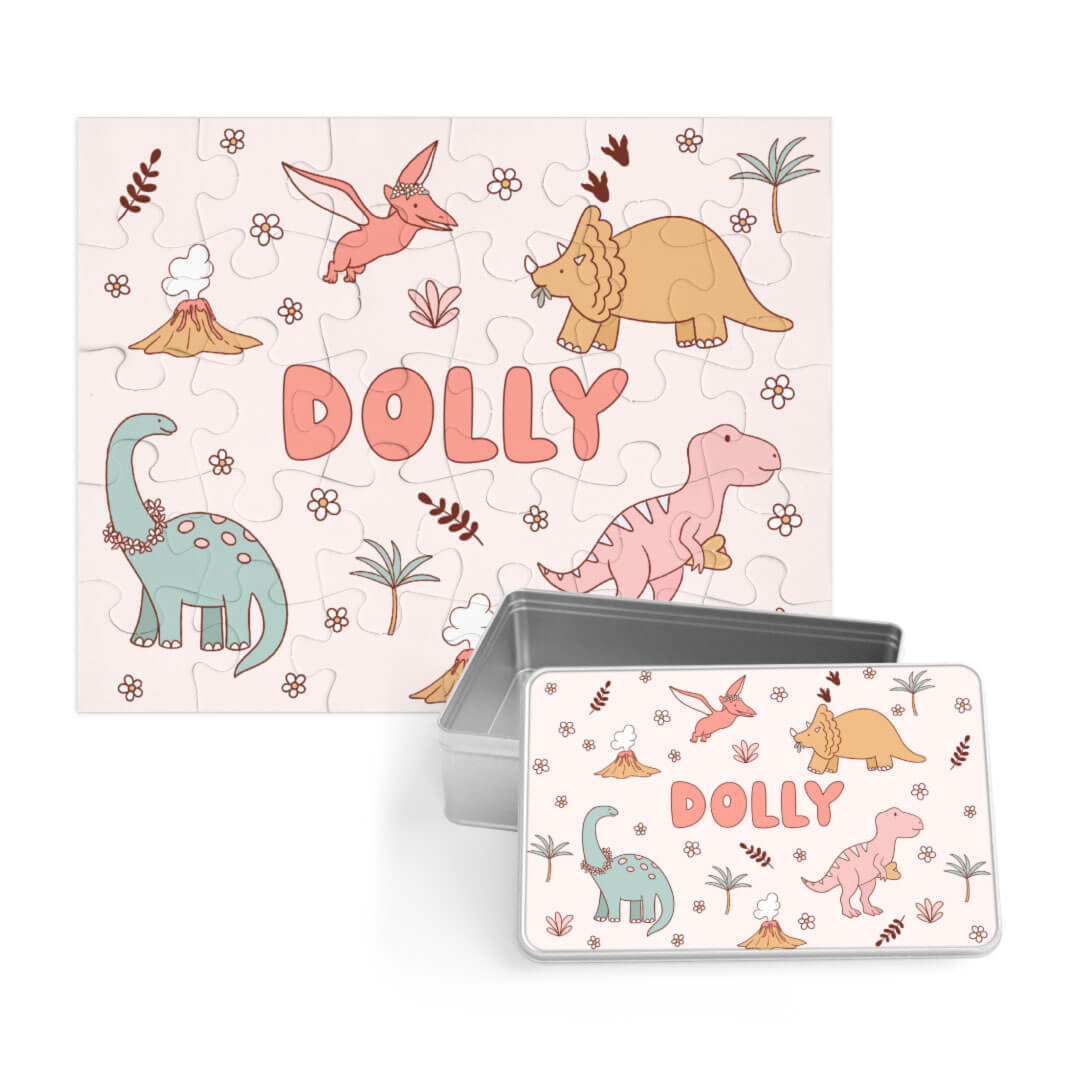 pink dinosaur personalized name puzzle for kids with matching tin 