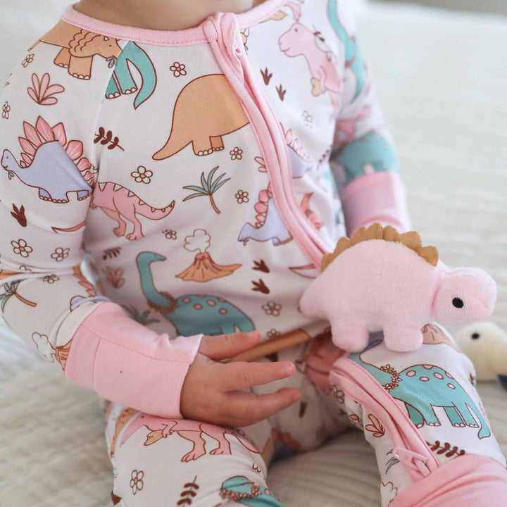 pink dinosaur convertible zip romper pajama for toddlers