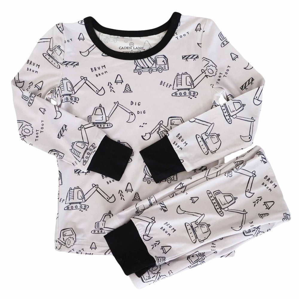 2 pc printed kids bamboo pajama set with construction truck doodle art