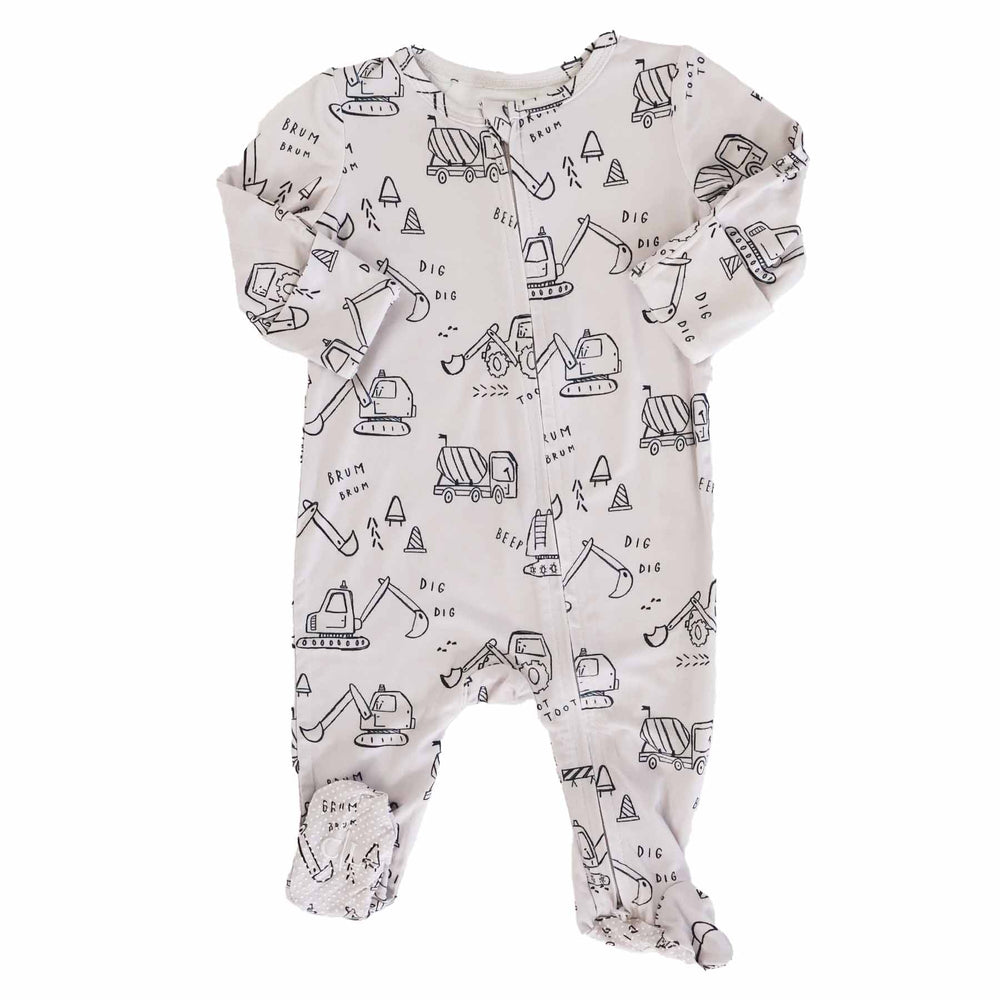 zipper footie onesie for babies with doodles of trucks and dozers