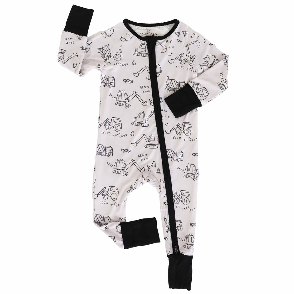 sleep romper for kids in doodle construction truck print