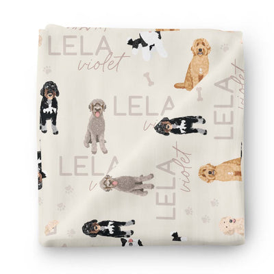 neutral personalized swaddle blanket for babies with doodle dogs