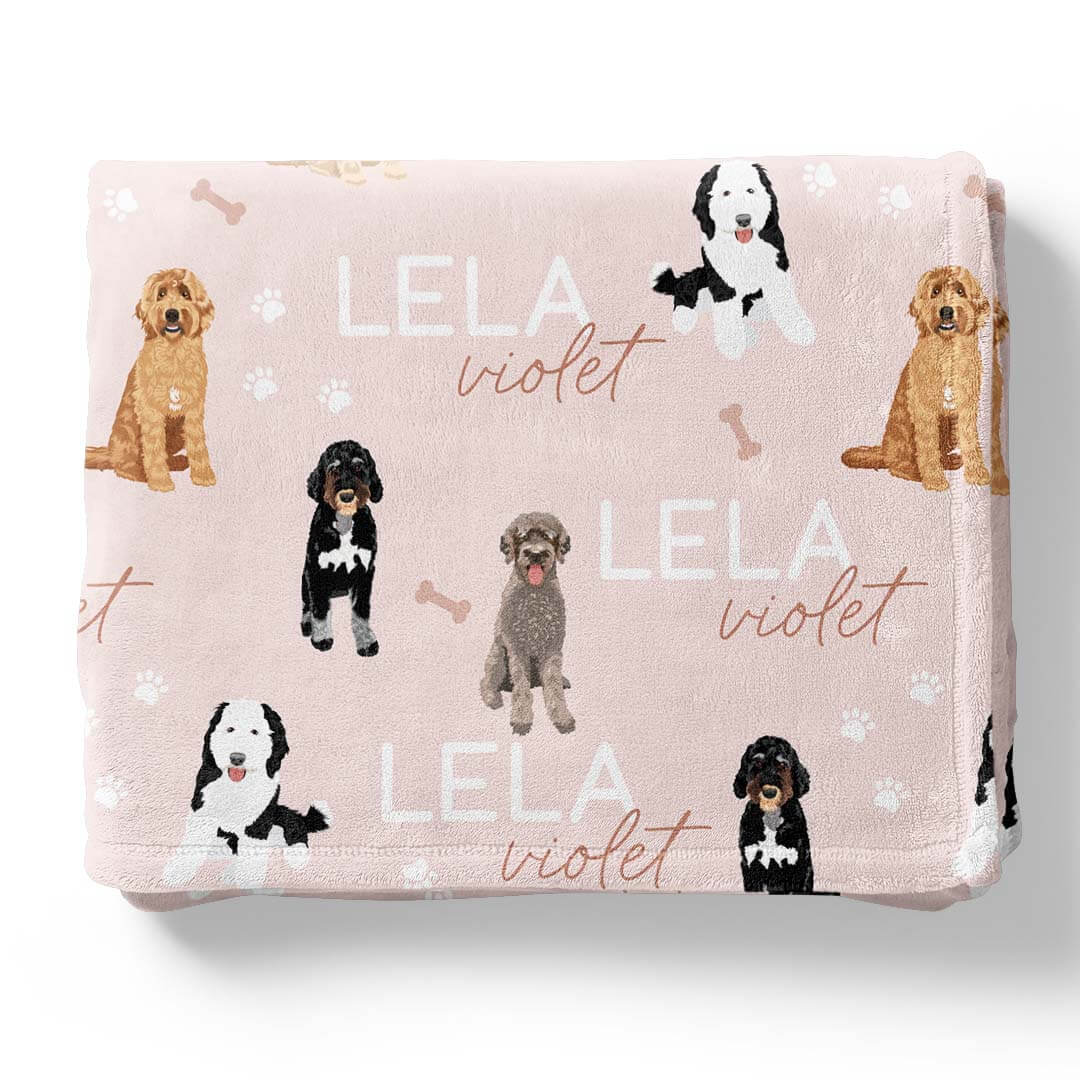 pink personalized kids blanket with doodles