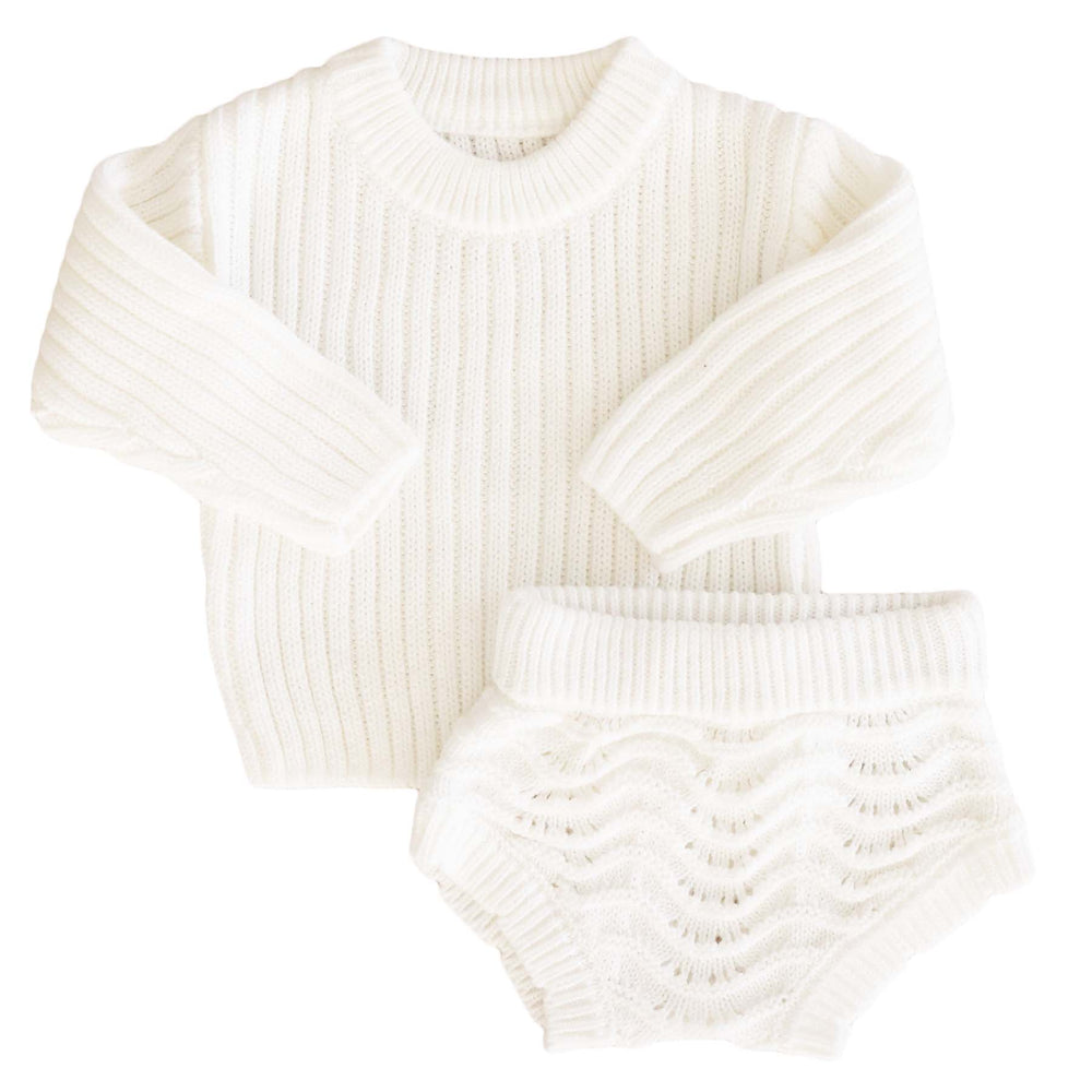 dove baby sweater and lace bloomer set white