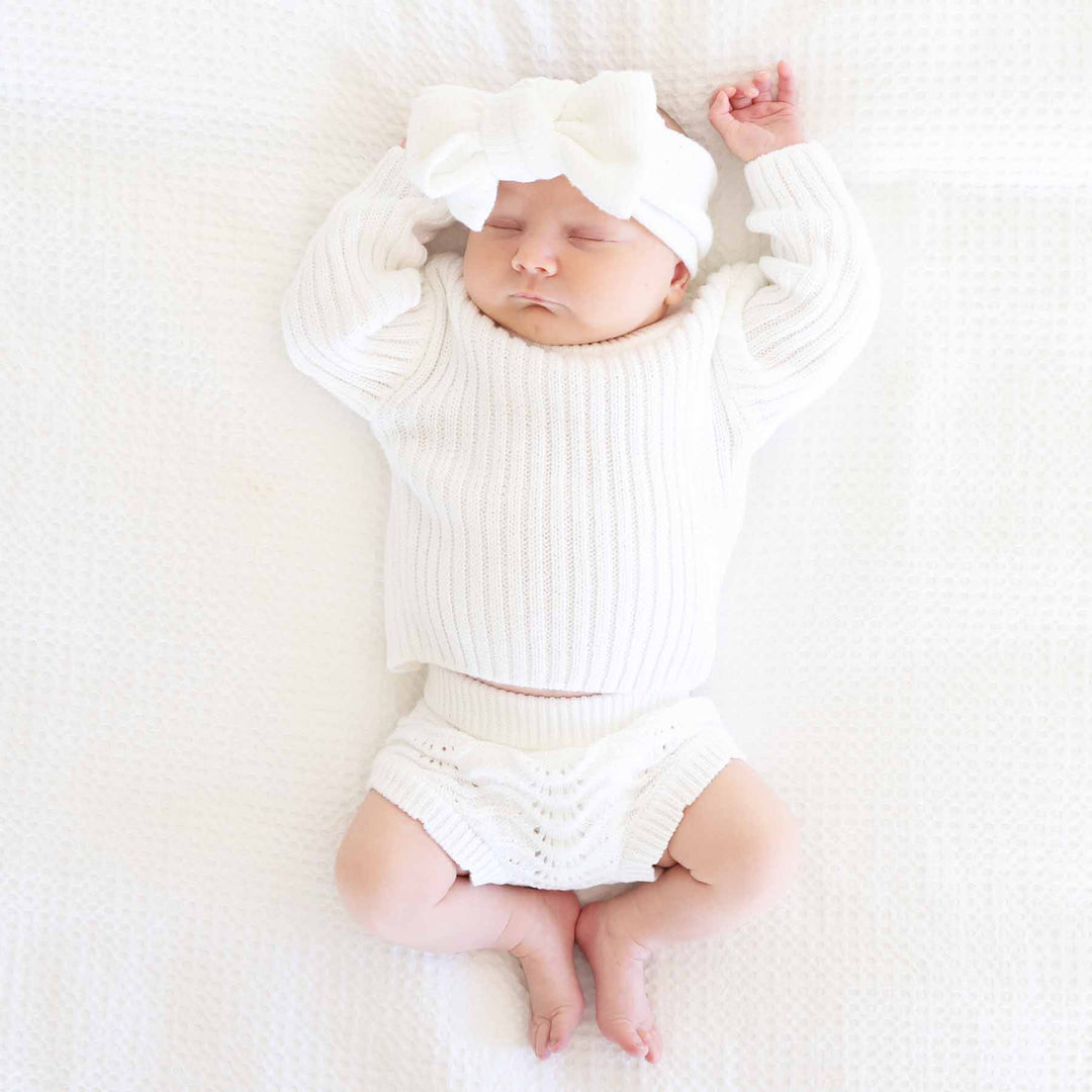 white bloomer sweater set for babies 