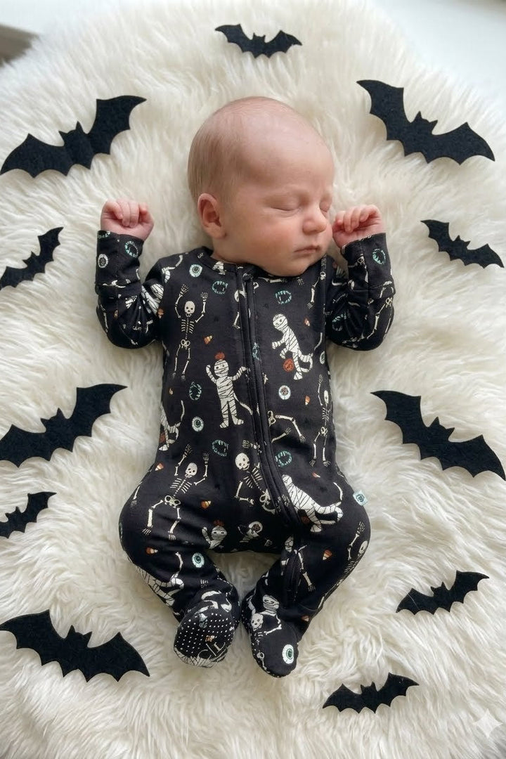 baby on white blanket in halloween footie with bats around him 
