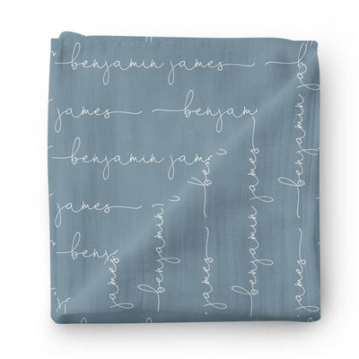 personalized baby name swaddle blanket dusty denim script 