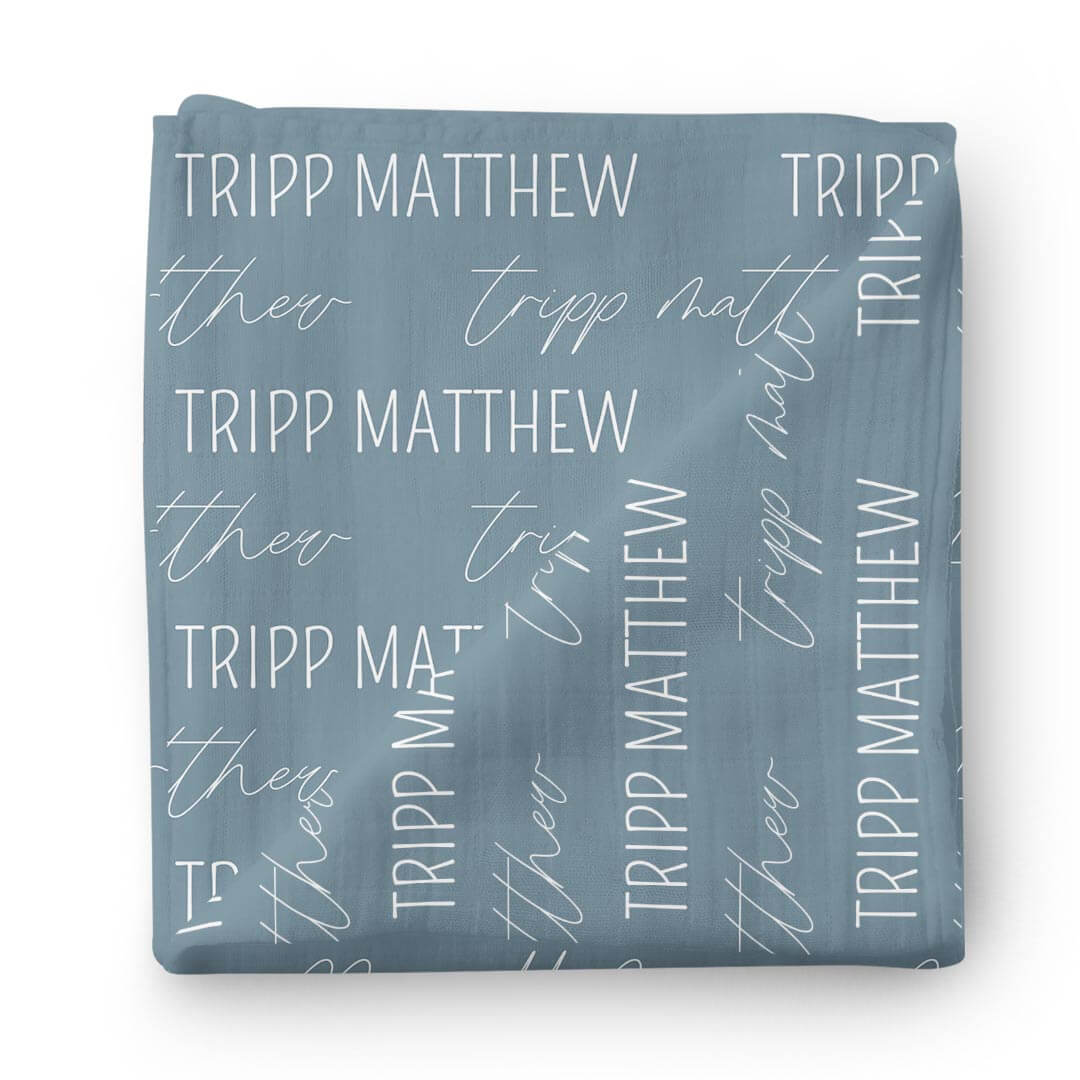 personalized baby name swaddle blanket dusty denim block and script 