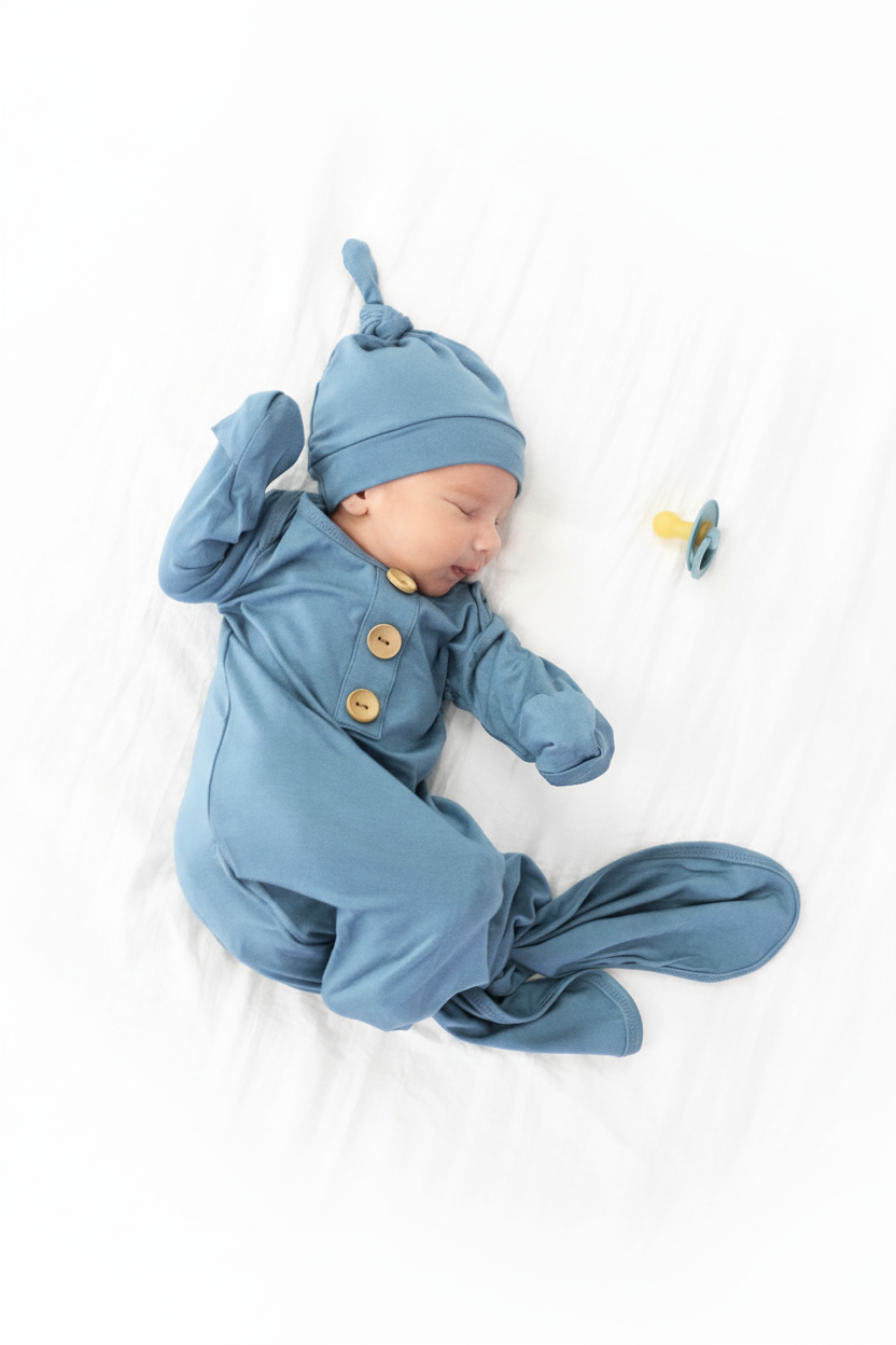 Solid Dusty Blue Bamboo Baby Knot Gown & Hat