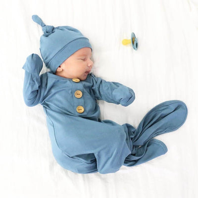 dusty blue bamboo knot gown and hat set for baby boy