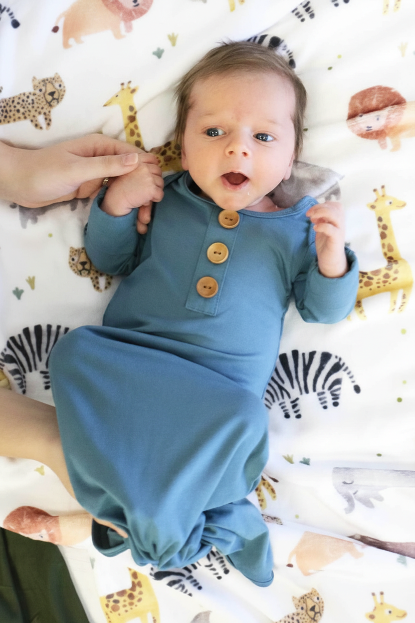 Solid Dusty Blue Bamboo Baby Knot Gown & Hat