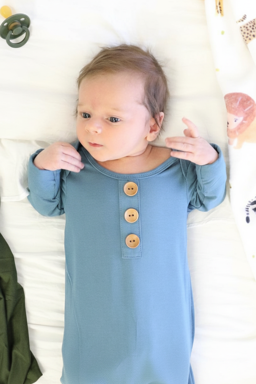 Solid Dusty Blue Bamboo Baby Knot Gown & Hat