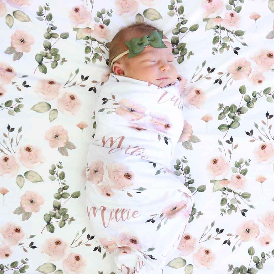 dusty pink floral personalized oversized swaddle blanket 