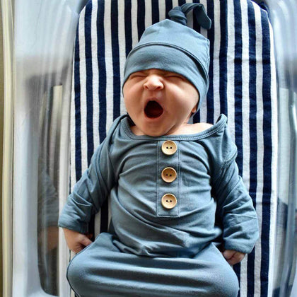 solid dusty blue bamboo baby knot gown and hat set 