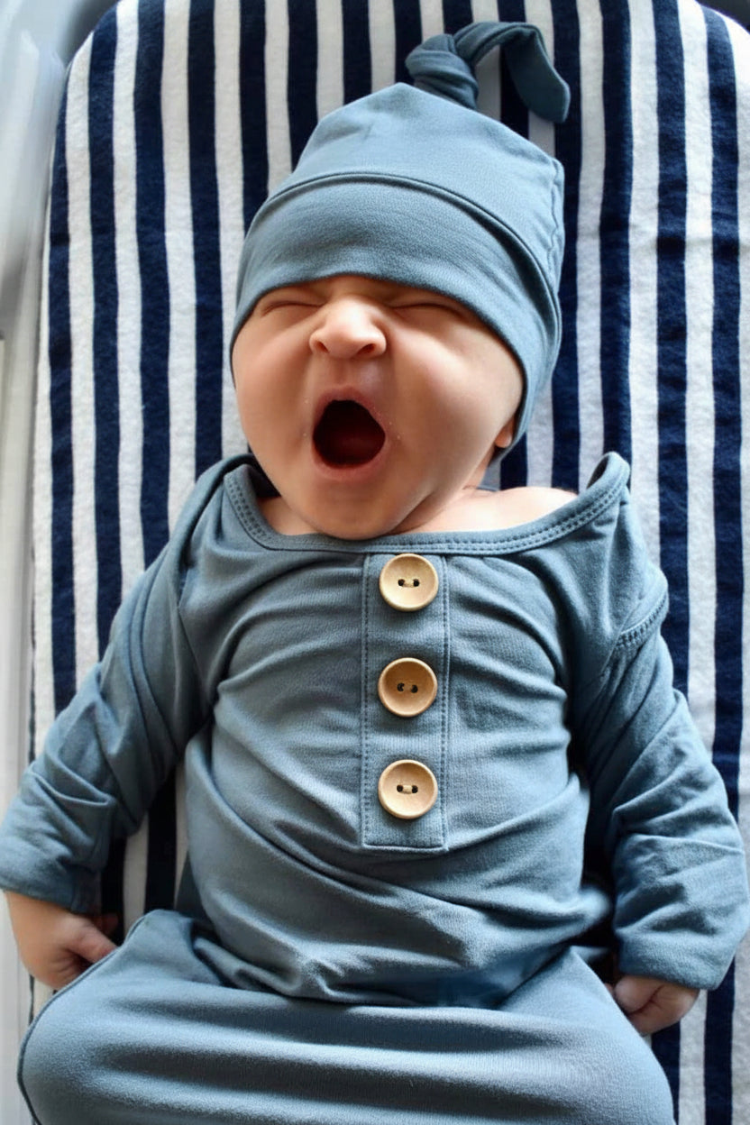 Solid Dusty Blue Bamboo Baby Knot Gown & Hat