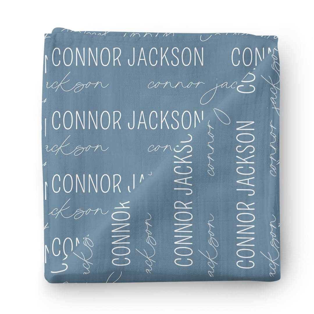 Personalized Dusty Blue Baby Name Swaddle Blanket - Block & Script