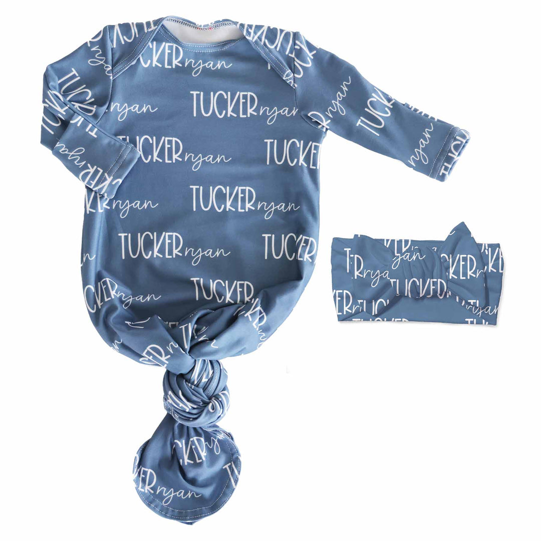 personalized dusty blue knot gown and headwrap set 