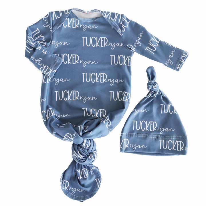 dusty blue personalized knot gown for babies 