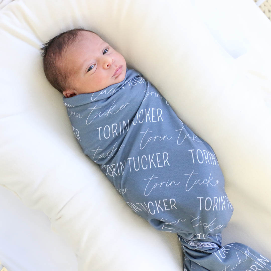 personalized swaddle blanket block and script dusty blue