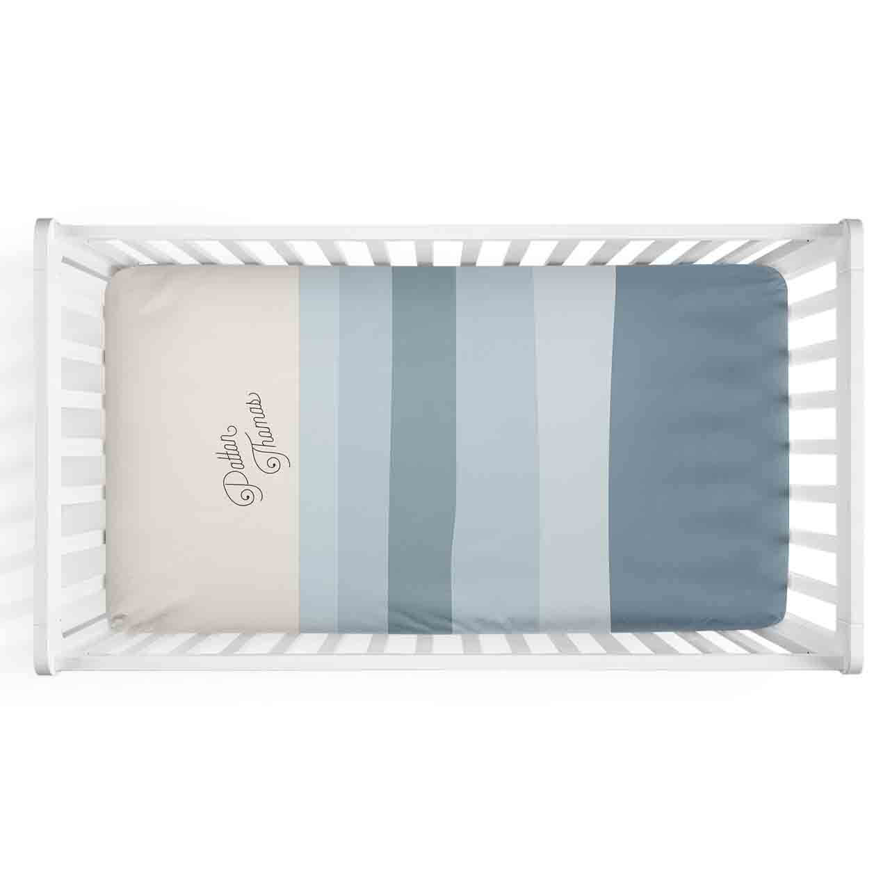 dusty blue stripe personalized crib sheet 
