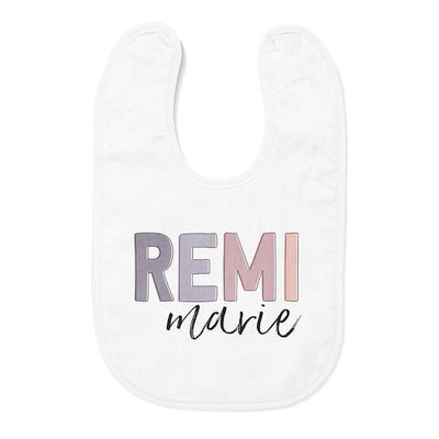 pink and purple personalized bib with name